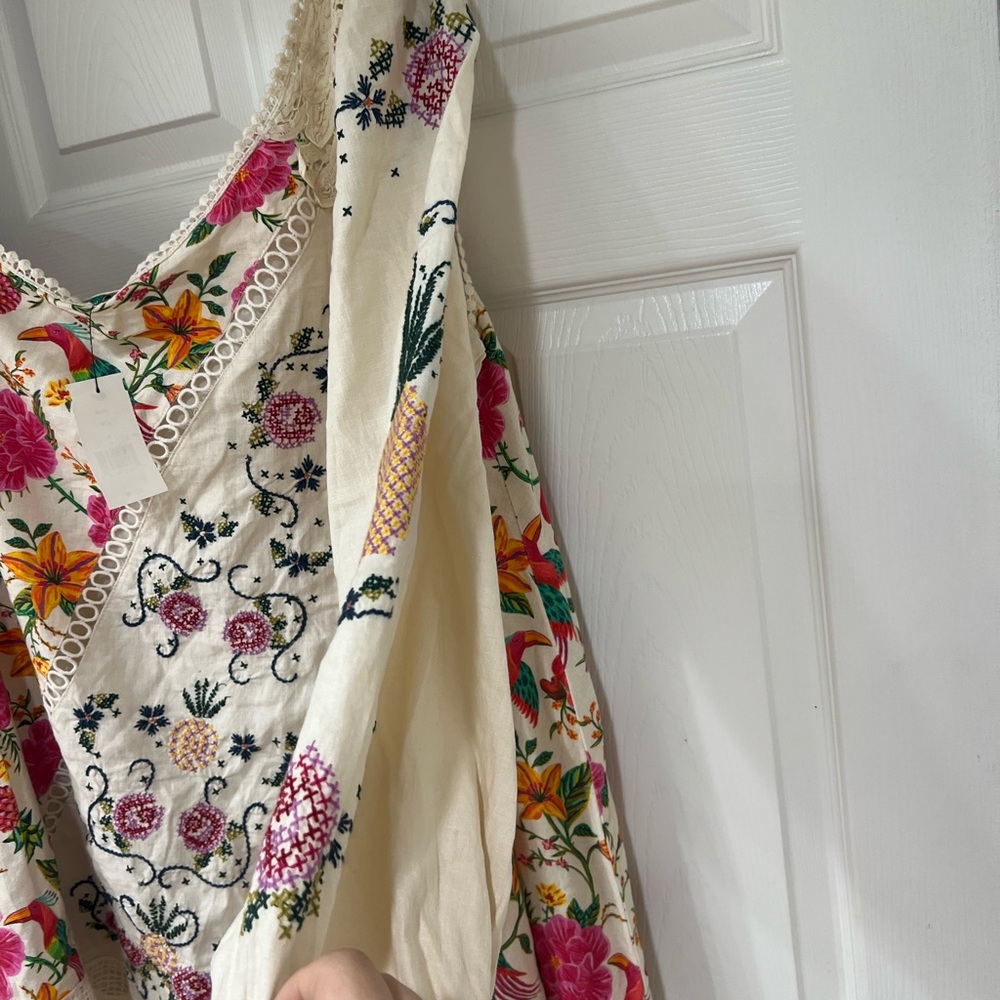 NWT Farm Rio Toucan's Garden Floral Embroidery One-Shoulder Linen Blend Dress - Picture 12 of 14